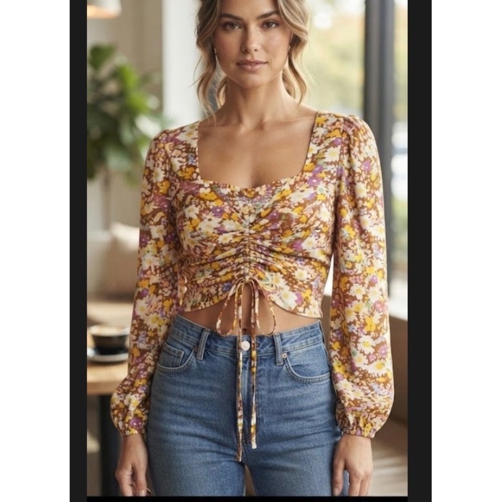 Sanctuary Women Ditsy Floral Drawstring Ruched Crop Top Brown Multi‎ Medium
